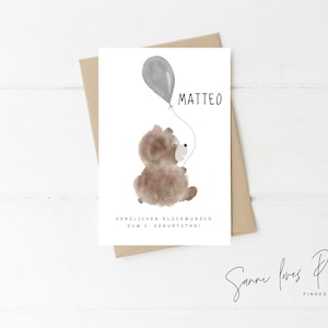 Karte zum 1. Geburtstag| Postkarte| Glückwunschkarte| Teddy| Baby Junge Mädchen oder Zwillinge| personalisiert| Motiv Teddy mit Ballon