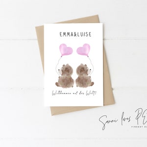Karte zur Geburt Zwillinge| Postkarte| Glückwunschkarte| Geburt| Baby Junge Mädchen| personalisiert| Motiv Teddy Paar
