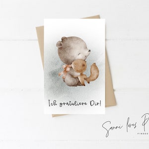 Karte Gratulation| Postkarte| Glückwunschkarte| Geburtstagskarte|  Freundschaft| personalisiert| Motiv Teddy und Eichhörnchen
