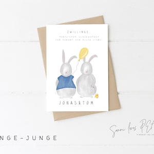 Karte zur Geburt Zwillinge| Postkarte| Glückwunschkarte| Geburt| Baby Junge Mädchen| personalisiert| Motiv Hasenpärchen