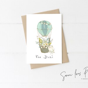 A6 Postkarte Ballon mit Vogel Illustration  "Für Dich!" , Freundschaft, Post, Glückwunschkarte