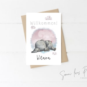 Postkarte, A6 Glückwunschkarte "Willkommen!", schlafender Elefant Illustration, personalisiert, Karte zur Geburt, rosa, Mädchen, blau, Junge