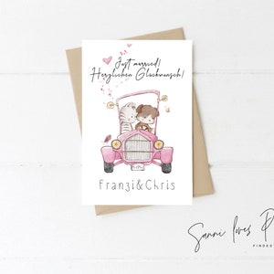 A6 Karte "Just married",Hochzeit,Motiv Hund &Katze im Auto, Glückwunschkarte, personalisiert