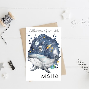 Karte zur Geburt| Postkarte| Glückwunschkarte| Geburt| Baby Junge Mädchen| personalisiert| Motiv Weltall,Wal,Astronaut
