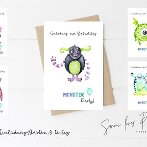 Einladungskarte, Kindergeburtstag, Motiv Monster, 5 teilig