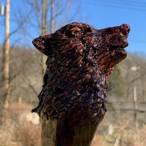 Handcrafted Wolf Walking Stick - Made in USA | Carved Hiking Staff | Decorative Cane | Direwolf Handstaff
