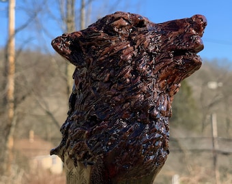 Handcrafted Wolf Walking Stick - Made in USA | Carved Hiking Staff | Decorative Cane | Direwolf Handstaff