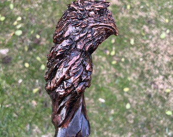 May include: A wooden walking stick with a detailed carving of a bird's head at the top. The carving is dark brown and has a textured finish.