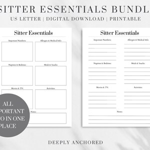 May include: Printable sitter essentials checklist with sections for important numbers, allergies and medical info, naptime and bedtime, meals and snacks, movies and TV, activities, and notes. The text "All Important Info In One Place" is at the bottom of the page.