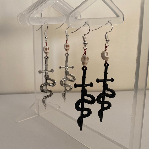 Gothic Macbeth Skull & Sword Earrings Black/Silver