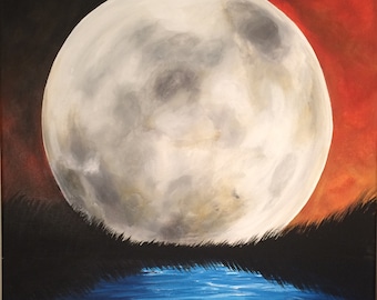 Moon Art, Twilight, Night Sky,  "Full Moon" Original Acrylic Painting Art Print (11"x14")