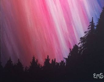 Northern Lights, Silhouette Painting, Tree Paintings - Original Acrylic Painting - 10"x20"