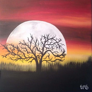 Moon Art, Tree Art, African Landscape - &quot;Moon in the African Sky&quot; - Original Acrylic Painting - 10&quot;x10&quot;