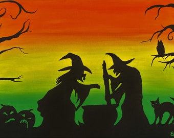 Halloween Geschenke, Hexenmalerei, Urlaubskunst - "It es Halloween, Witches" - Original Acrylgemälde - 12"x16"