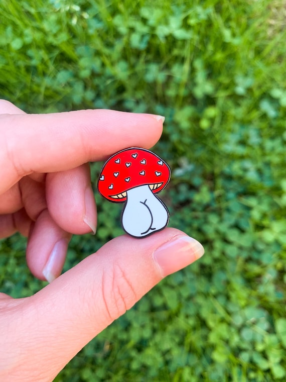 Mushroom Booty Enamel Pin, funny gift for friends, colorful flair, cool hard enamel pin, black nickel finish, fall, autumn, Halloween