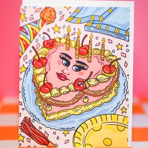 Carte d'anniversaire Cherrylicious Booty Bash, carte d'anniversaire drôle, gâteau avec butin, illustration effrontée, gâteau aux fraises rose drôle, cerises mignonnes