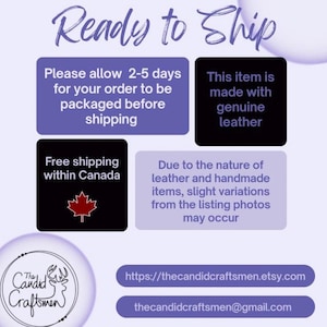 Op de afbeelding: Afbeelding met tekst die luidt "Ready to Ship". Extra tekst omvat "Houd rekening met 2-5 dagen voor het verpakken van uw bestelling voor verzending", "Dit artikel is gemaakt van echt leer" en "Gratis verzending binnen Canada."