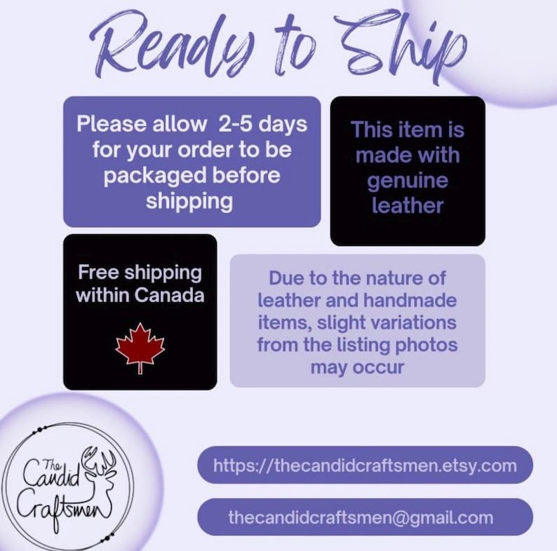 Op de afbeelding: Afbeelding met tekst die luidt "Ready to Ship". Extra tekst omvat "Houd rekening met 2-5 dagen voor het verpakken van uw bestelling voor verzending", "Dit artikel is gemaakt van echt leer" en "Gratis verzending binnen Canada."