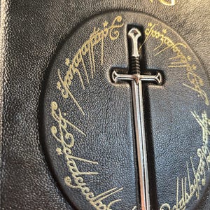 Op de afbeelding: Close-up van een zwarte leren boekomslag met gouden letters met de tekst "The King". Een zilveren zwaard is gecentreerd op een cirkelvormig embleem met gouden letters. De boekomslag heeft een getextureerde uitstraling.