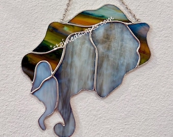 Elephant Mom and Baby Stained Glass Suncatcher: Handmade nature art