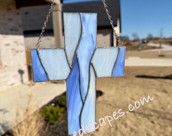 Blue Stained Glass Cross Suncatcher – Handmade Spiritual Window Decor