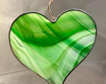 Green / white 4.5” Stained Glass Heart Suncatcher: Handmade Colorful Window Ornament