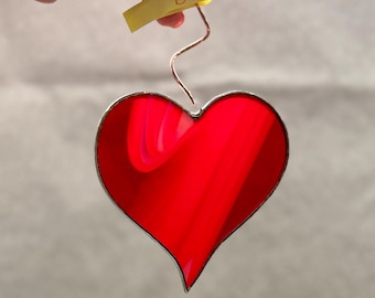 Red / white 3.5” Stained Glass Heart Suncatcher: Handmade Colorful Window Ornament