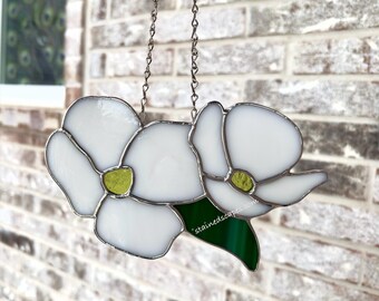 White Dogwood Blooms Stained Glass Suncatcher | Handcrafted Botanical Home Decor