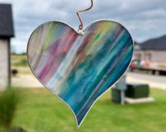 Multi colored 4.5” Stained Glass Heart Suncatcher: Handmade Colorful Window Ornament