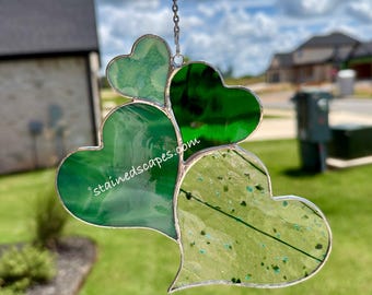 Four Green Hearts Stained Glass Suncatcher: Handcrafted Window Decor