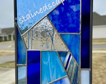 Blue Abstract Stained Glass Panel: Handmade Window Art (11.25”x6.75”)