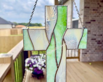Green Stained Glass Cross Suncatcher – Handmade Spiritual Window Decor