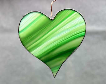 Green / white 4” Stained Glass Heart Suncatcher: Handmade Colorful Window Ornament