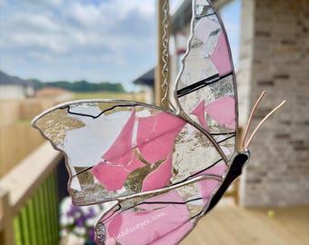 Pink Handmade stained glass butterfly suncatcher, wall decor, colorful unique custom design, home gift