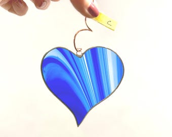 Blue 3.5” Stained Glass Heart Suncatcher: Handmade Colorful Window Ornament