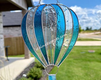 Teal & Blue Stained Glass Hot Air Balloon Suncatcher, Handcrafted Home Decor