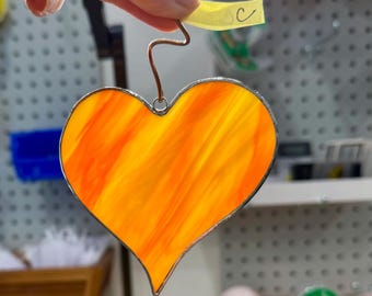 Orange Stained Glass Heart Suncatcher 3.5”– Handmade Window Decor