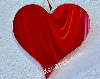 Red / white 4” Stained Glass Heart Suncatcher: Handmade Colorful Window Ornament