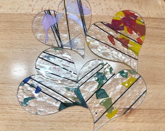 Hand Cut 3.5” Heart Stained Glass Pieces - 4 Pack Fusible Glass for Suncatchers & Crafts