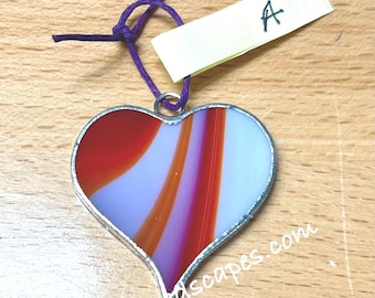 Red / White 1.5” Stained Glass Heart: Handmade Charm, Pendant, Key Chain, Suncatcher, Unique Ornament