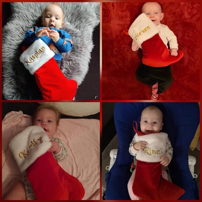 May include: Four red and white Christmas stockings with gold embroidery. Each stocking has a different name embroidered on it:  'Kayslan', 'Steven', 'Karily', and 'Rinell'.
