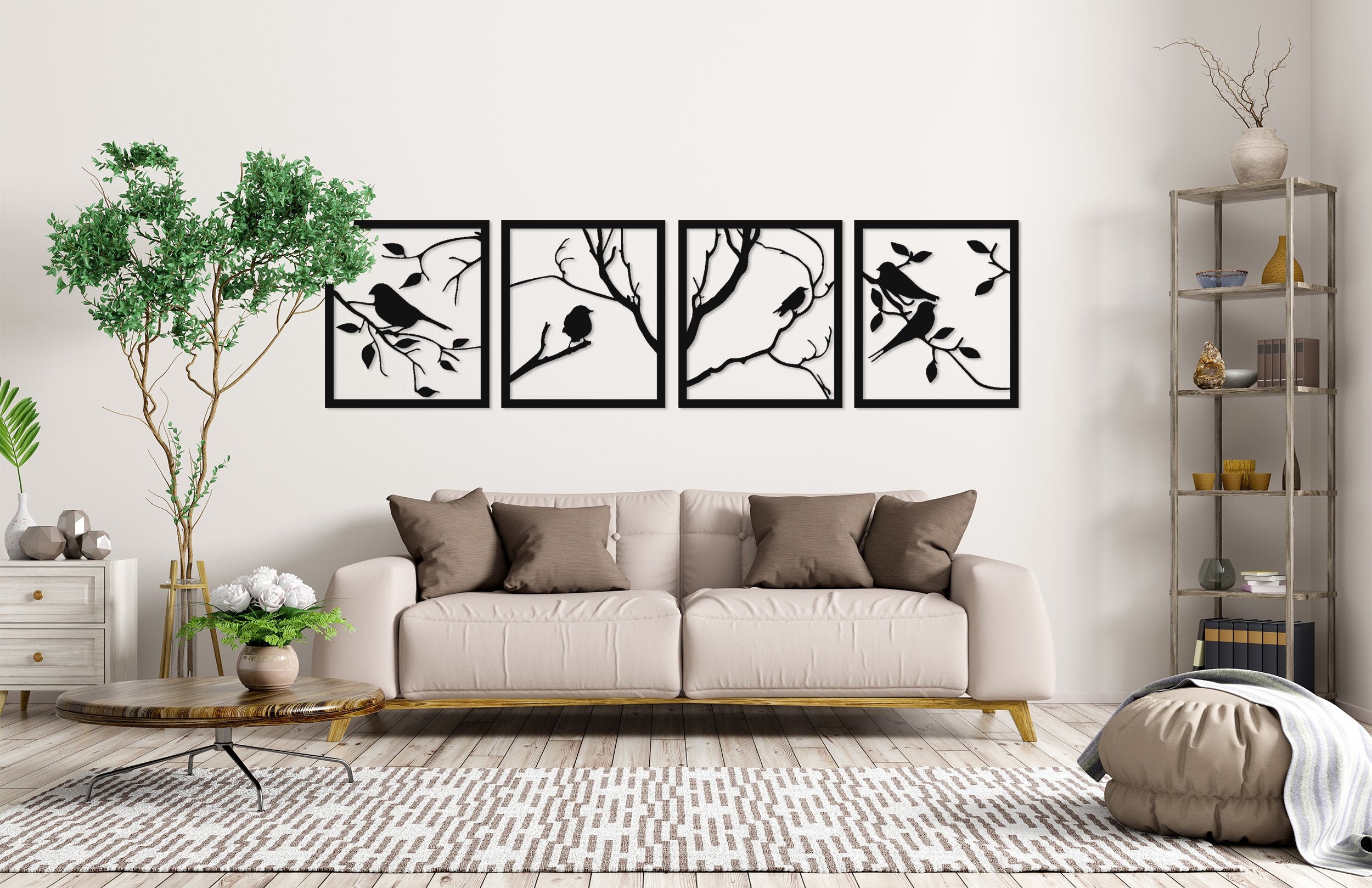 Birds on Branch 4 Panel Birds Wooden Birds Wall Decoration - Etsy
