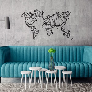 Mapa mundial geométrico, mapa de madera poligonal, decoración de pared