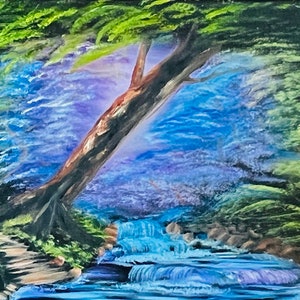 Waterfall Canvas Art, Blue Sky Oil Painting, Nature Landscape Wall Art, Stretched Canvas Waterfall Prints, Nature Decor for Calm Spaces
