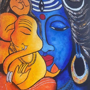Ganesha & Shiva Wall Art, Indian God Painting on Canvas, Vibrant Religious Artwork, Hindu Mythology Decor, Indian Wall Art Masterpiece
