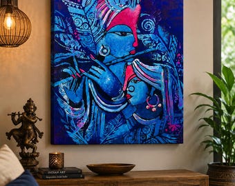 Handmade Radha Krishna Canvas Painting | Gallery Wrap Wall Art | Indian Spiritual Decor | Ready to Hang Blue Pink Artwork