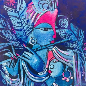 Radiant Radha Krishna Wall Art - Hand-Painted Hindu God Canvas, Spiritual Indian Décor, Religious Painting for Puja Room or Living Space