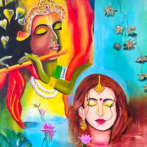 Radha Krishna  Abstract Wall Art on Stretched Canvas, Lord Krishna & Radha Love Acrylic Painting, Hindu God Spiritual  Artwork