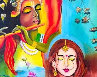 Radha Krishna  Abstract Wall Art on Stretched Canvas, Lord Krishna & Radha Love Acrylic Painting, Hindu God Spiritual  Artwork