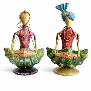 Rajasthani Musician Figurines Set of 2 | Hand Painted Metal Folk Art Sculpture